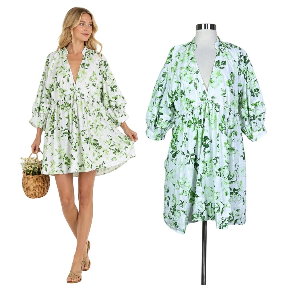 Anthropologie Maeve Floral Green White Cotton Puff Sleeve Babydoll Mini Dress XL